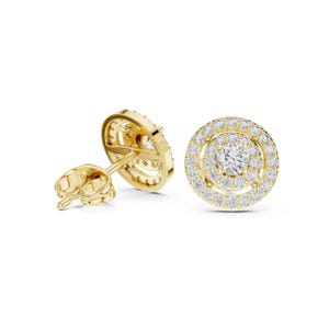 Fancy Round Shape Diamond Stud Earring, Trendy Moissanite Earring For Women&#39;s, 14K Solid Gold Handmade Halo Earring, Push Back Stud For Gift