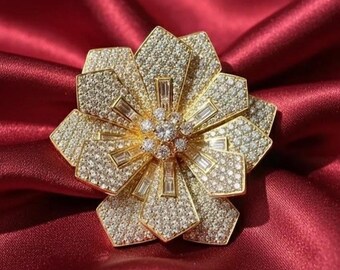 3Ct Moissanite Floral Brooch Pin, 14K Yellow Gold Plated Sterling Silver, Luxury Flower Women’s Brooch, Bridal Wedding Lapel Pin Jewelry