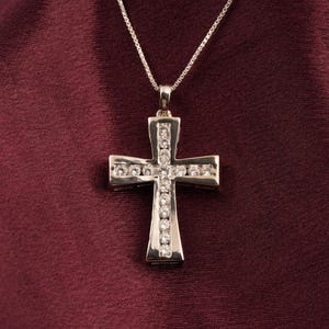 Dainty Moissanite Cross Pendant Necklace, Holy Cross Diamond Pendant, 14K White Gold Plated Pendant, Handmade Religion Pendant, Unisex Gift