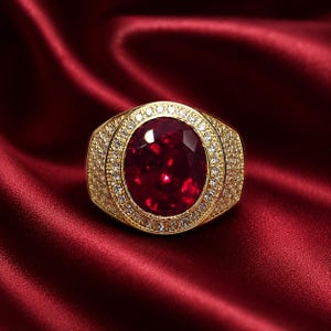 May include: A gold ring featuring a large, oval-cut deep red gemstone at the center. The ring is surrounded by a halo of small, clear, sparkling stones, with additional clear stones embedded along the wide, textured gold band of the ring.