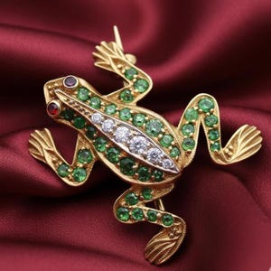 Puede incluir: Broche de rana dorada con piedras preciosas verdes y blancas. El cuerpo de la rana está adornado con piedras verdes redondas, con una fila de piedras blancas en el centro. Las piedras rojas acentúan los ojos. El broche está sobre un fondo burdeos.
