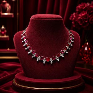 May include: A necklace featuring a series of oval-cut deep red gemstones alternating with clusters of small, clear, pear-shaped stones. The jewelry piece is arranged in a circular pattern, showcasing a metallic setting that connects each stone.