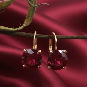 Handmade 14K Gold Plated Ruby Lever Back Earrings, 925 Sterling Silver