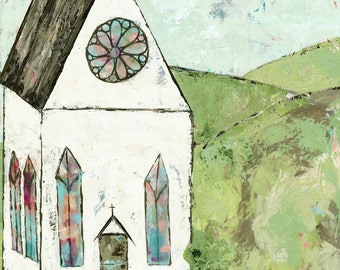 Impresión en lienzo de una iglesia abstracta, obra de arte con espátula