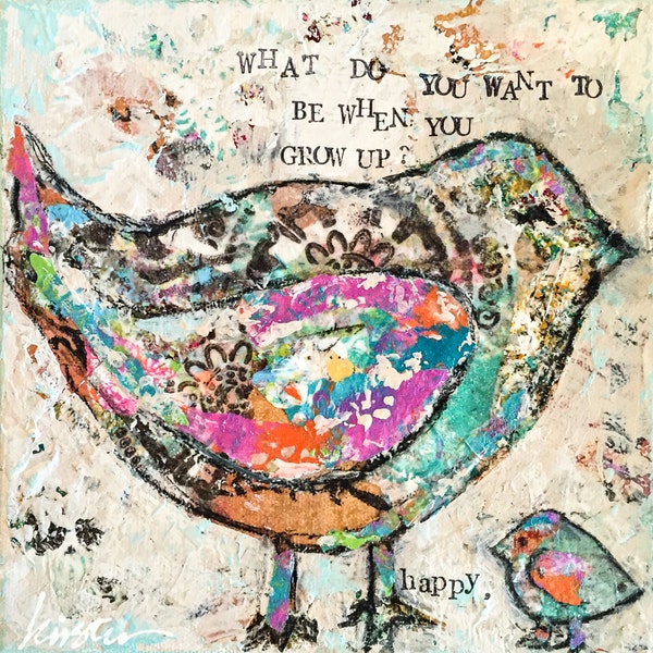 Birds, collage, canvas, mixed media print, canvas print, wall decor, inspirational, art, Be Happy