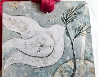 Peace dove metal printed ornament, olive branch, peace offering, serenity gift, tree decor, Christmas