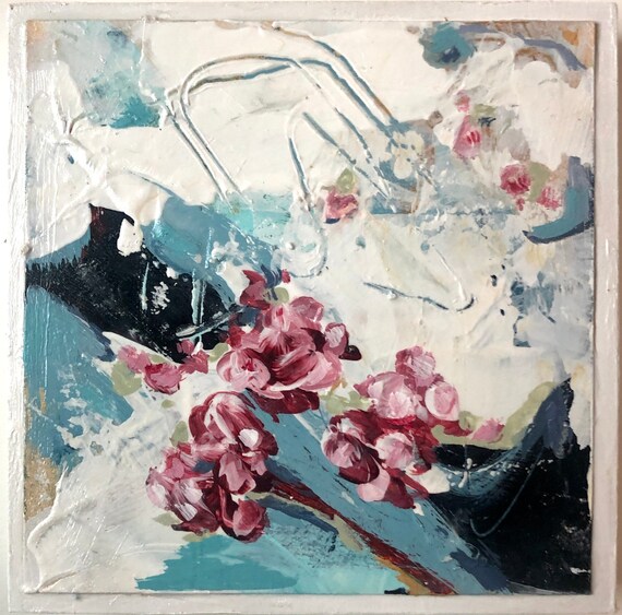 抽象アクリル画　インテリア　花柄 抽象的な花柄アクリル画：モダンファインアート、5x5インチの