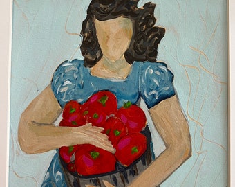 Figurative, woman, farmers market, tomato lady, fine art, original acrylic painting, room decor, 8"x8" in 12"x12" mat, "Lady with Tomatoes"