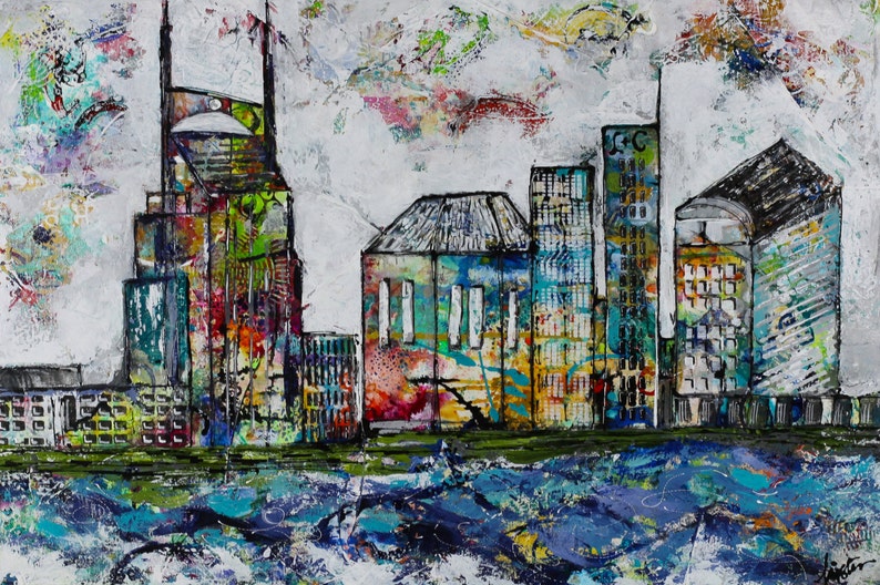 Nashville skyline canvas painting art Rainbow Nashville Etsy