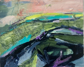 Original Abstract Landscape Painting: Mixed Media Art (5x5)