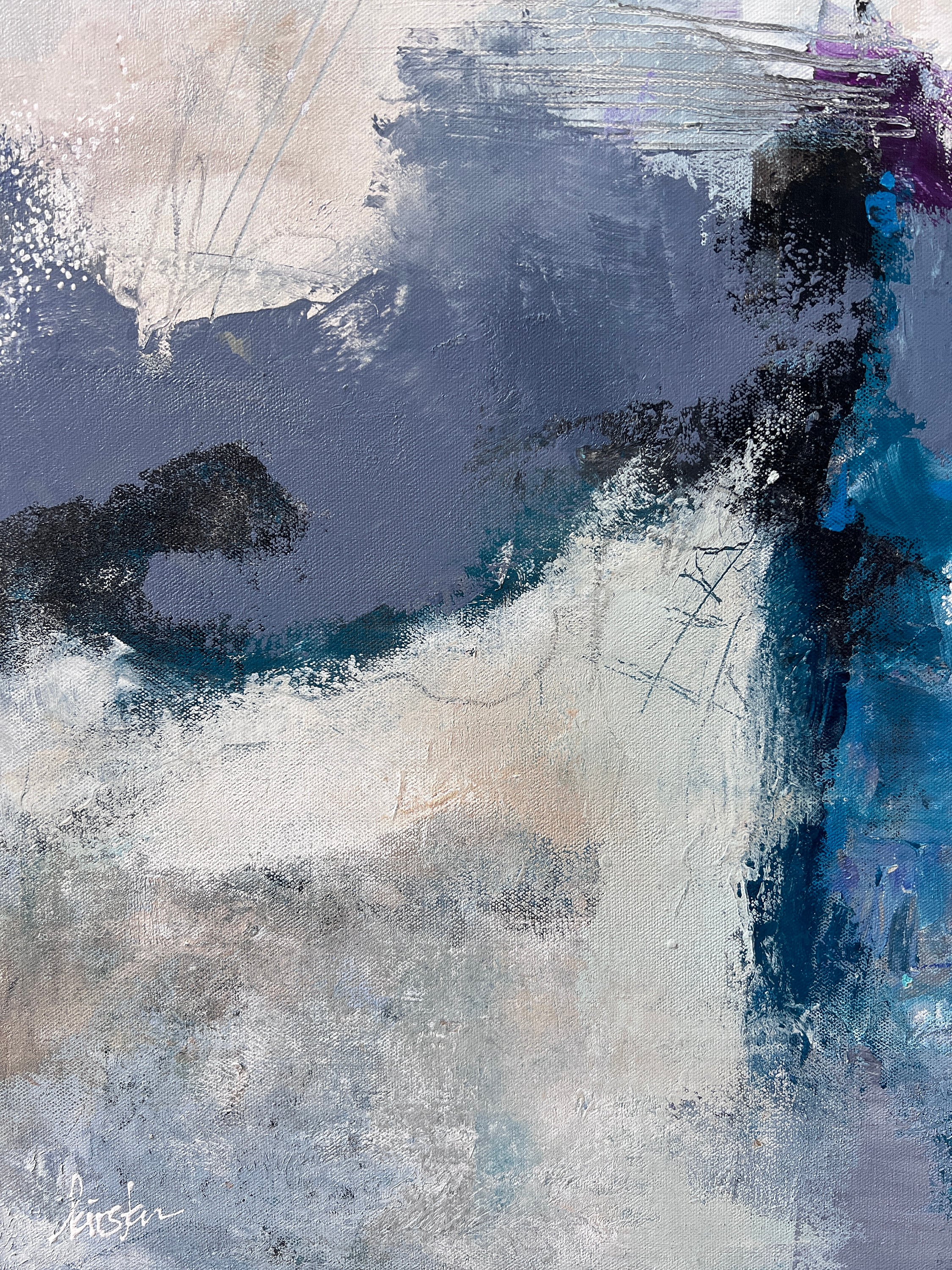 キャンバスに描かれた抽象的な青いミクストメディア絵画 - 36インチ×36