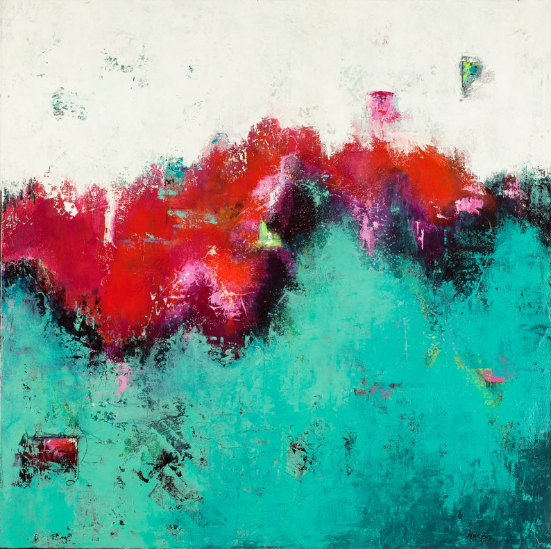 Teal Pink Navy White Abstract Art Canvas Print Ya Etsy