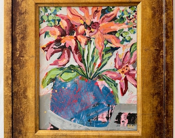 Mixed Media Floral Acrylic Painting: Framed original art, ready to hang, 12.5"x14.5"