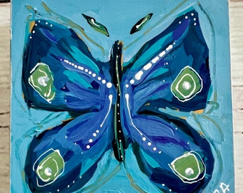 Blue Butterfly art, butterfly on 4"x4" wooden cradle panel, desk art, butterfly painting, gift, spring, mother's day, friend