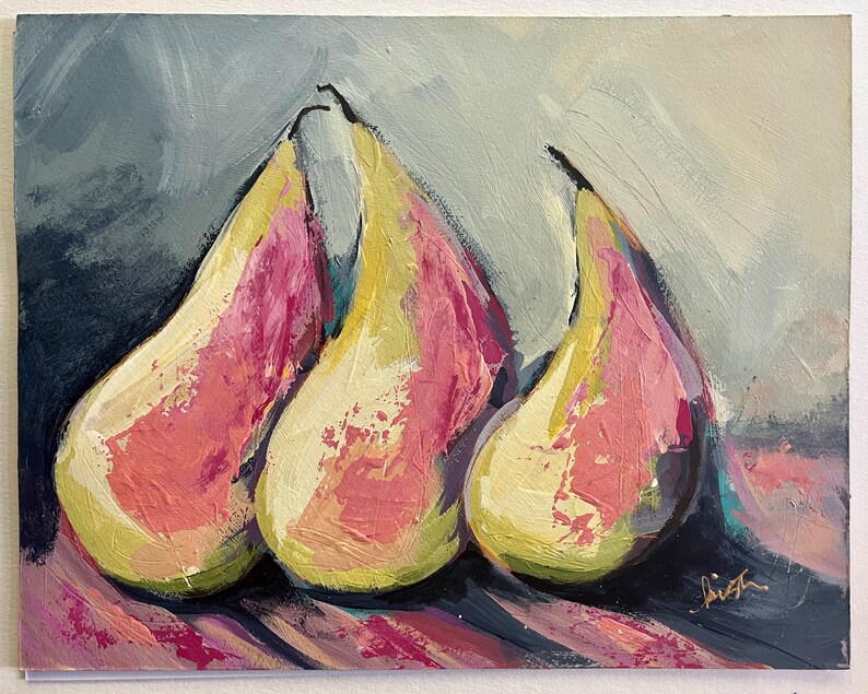 Pear Art, small, fine art, pear fruit, gift, original art, painting, home decor, artwork, wall decor, kitchen decor, Triple Pear image 1