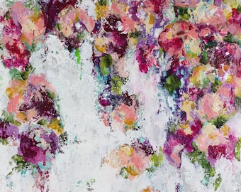 Könnte beinhalten: Abstrakte Malerei mit weißem Hintergrund und einem Cluster aus rosa, lila und grünen Blumen. Die Blumen sind in einem lockeren, expressiven Stil gemalt, mit sichtbaren Pinselstrichen.