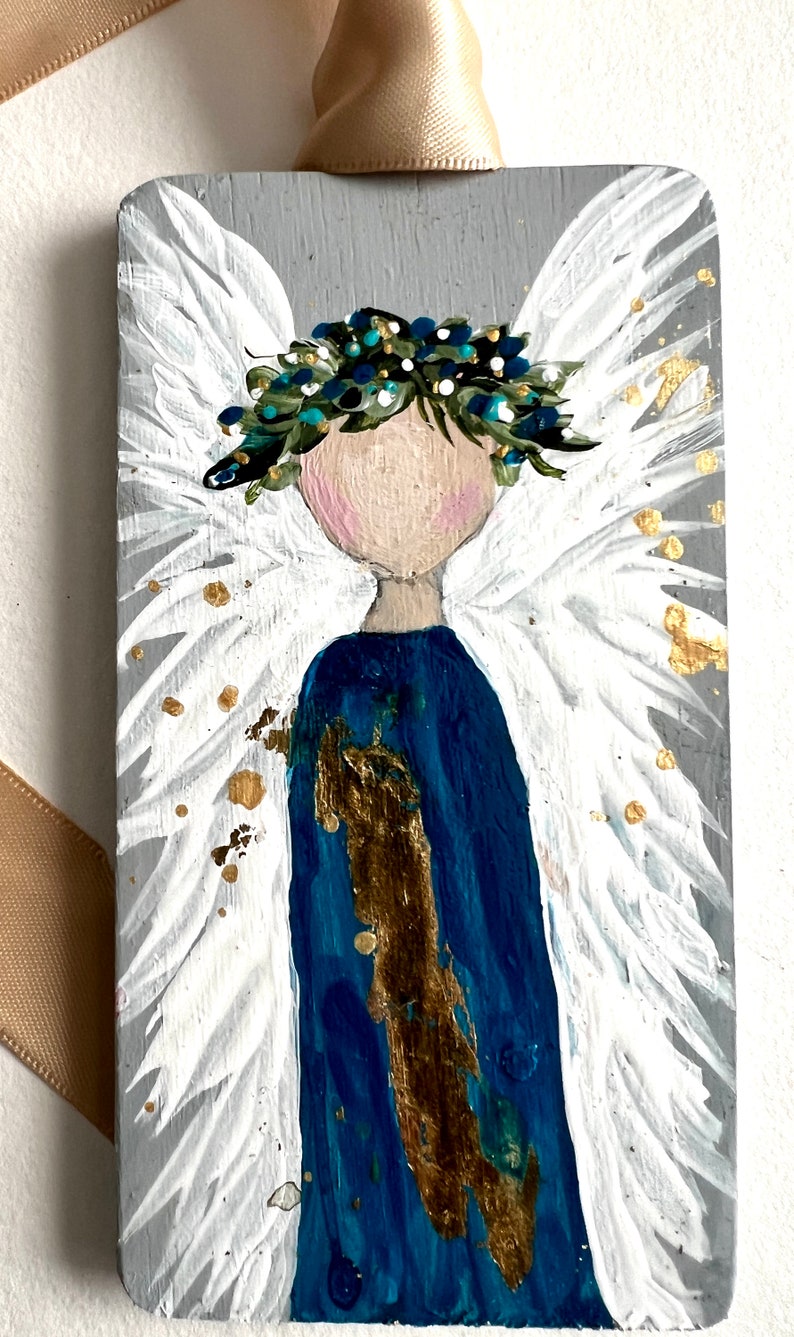 Angels, ornament, hand made, Hand painted, tree decor, Christmas, decor, garden angel, remembrance, gift, thank you, love, peace Blue Dress