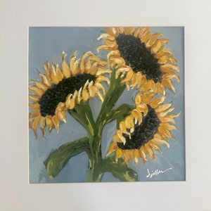 Triple Play II, sunflower, original art on paper, floral, sunflowers, fine art, matted