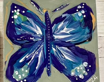 Blue Butterfly art, butterfly on 4"x4" wooden cradle panel, desk art, butterfly painting, gift, spring, mother's day, friend