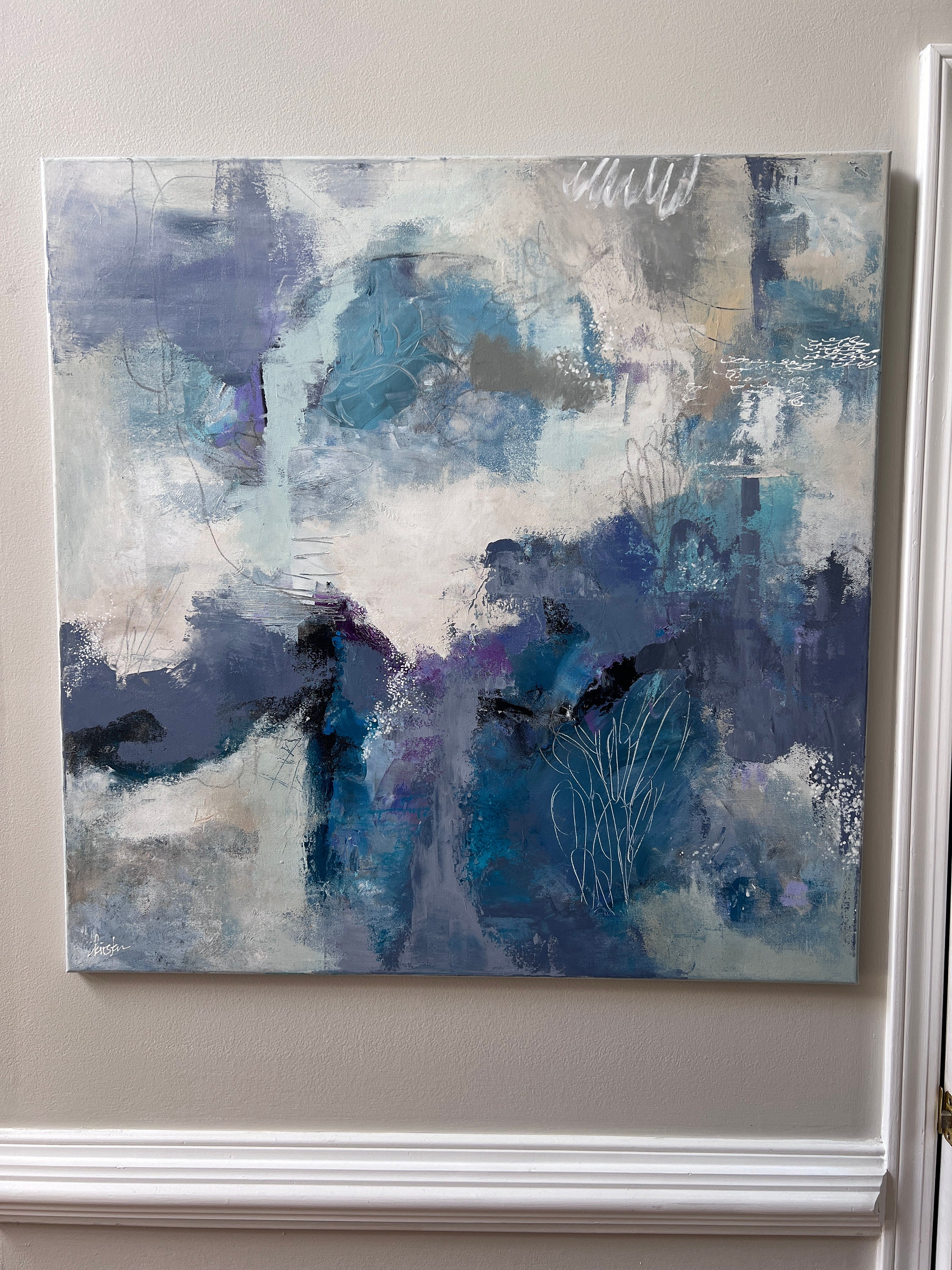 キャンバスに描かれた抽象的な青いミクストメディア絵画 - 36インチ×36