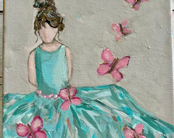 Blue Butterfly girl art, princess, butterfly dress, pink butterfly girl on a 6"x6" canvas, blue butterfly painting, girl room decor