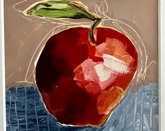 Fruit, Apple painting, fine art, mixed media on paper, food art, 5"X5" inside 12"x12" mat