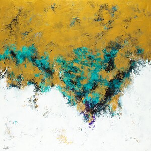 May include: Abstract painting with a textured surface. The artwork features a gold upper section, a turquoise and black mid-section, and a white lower section. The painting has a modern, expressive style.