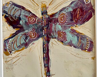 Dragonfly painting, fine art, abstract insect,  mixed media on paper, room decor, original art, 8"x8" inside 12"x12" mat