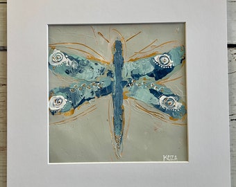 Dragonfly painting, fine art, abstract insect,  mixed media on paper, room decor, original art, 8"x8" inside 12"x12" mat