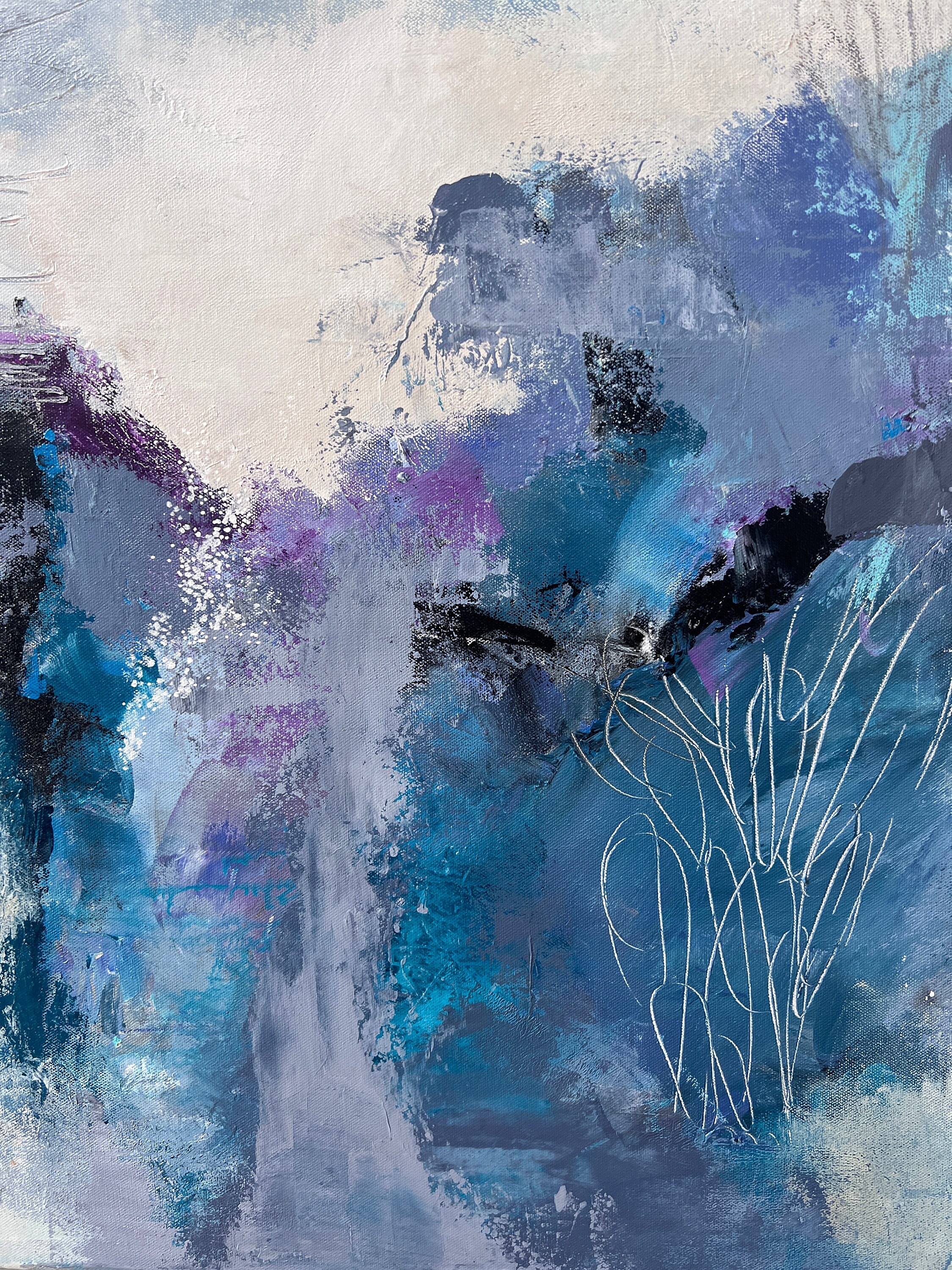 キャンバスに描かれた抽象的な青いミクストメディア絵画 - 36インチ×36