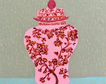 Original Pink Chinoiserie Ginger Jar Painting | Grandmillennial Wall Art | 12x12  Acrylic on Canvas | Southern Home Decor | Cottage Chic Art