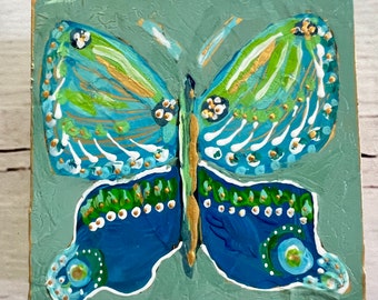 Blue Green Butterfly art, butterfly on 4"x4" wooden cradle panel, desk art, butterfly painting, gift, spring, mother's day, friend