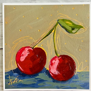 Cerezas abstractas, arte de cerezas, decoración de cocina, fruta, bellas artes, impresión en papel de acuarela prensado en frío, 10 x 10, listo para enmarcar