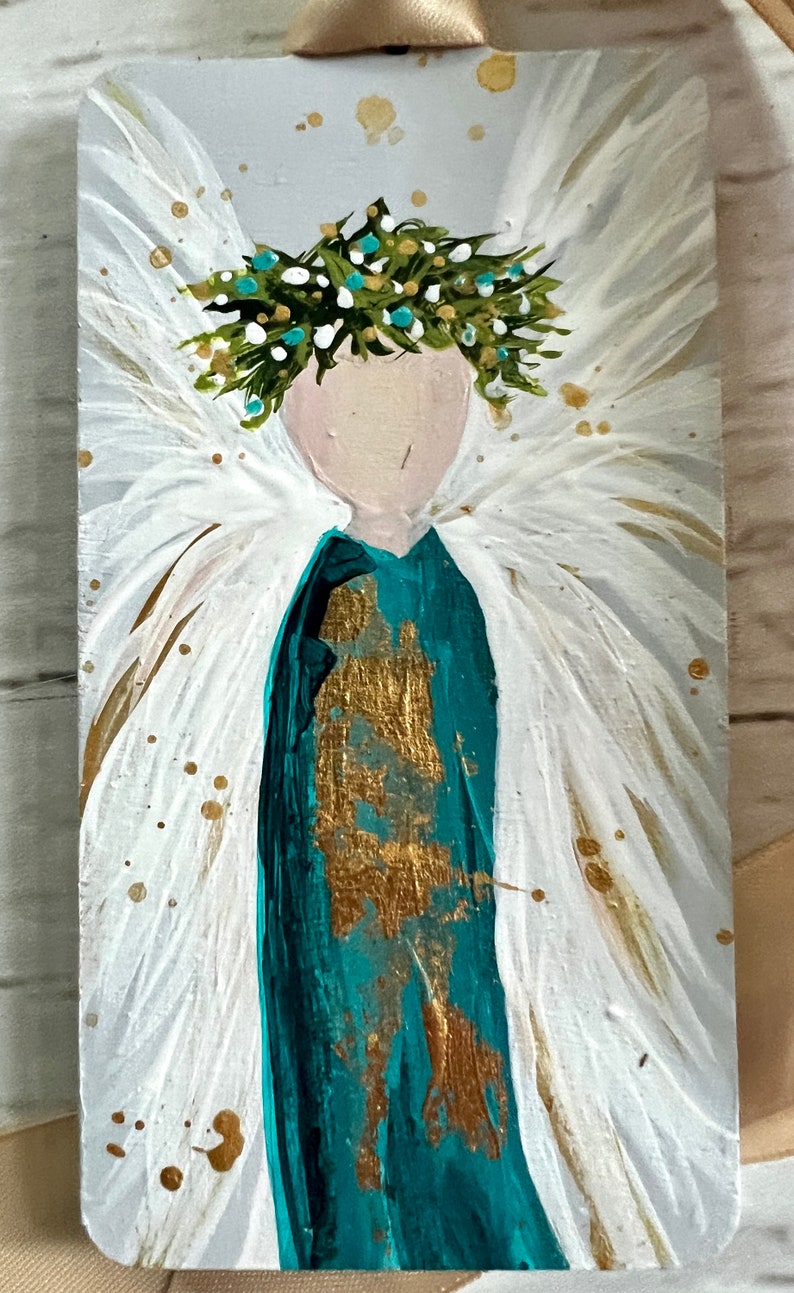 Angels, ornament, hand made, Hand painted, tree decor, Christmas, decor, garden angel, remembrance, gift, thank you, love, peace Teal Dress