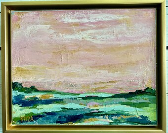 Abstract landscape painting, fine art, mixed media on paper, room decor, original art, 8"x10" framed, "Walks of Childhood II”