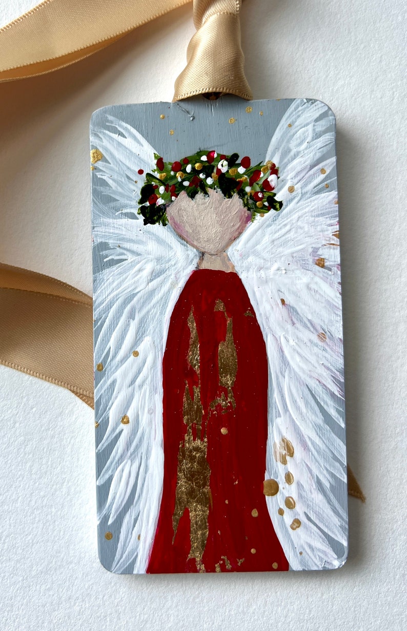 Angels, ornament, hand made, Hand painted, tree decor, Christmas, decor, garden angel, remembrance, gift, thank you, love, peace Red Dress