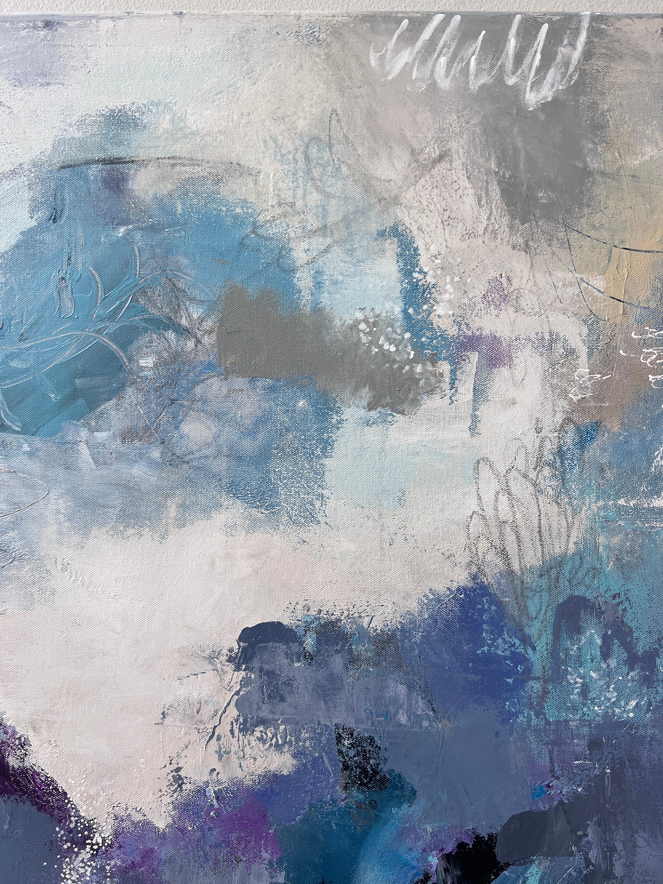 キャンバスに描かれた抽象的な青いミクストメディア絵画 - 36インチ×36