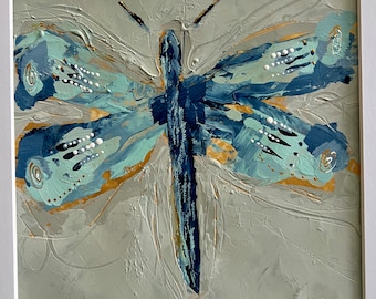 Dragonfly painting, fine art, abstract insect,  mixed media on paper, room decor, original art, 8"x8" inside 12"x12" mat