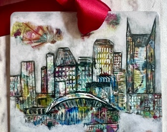 Nashville Skyline Christmas Ornament | Colorful Nashville Art | Tennessee Gift | Metal Ornament | Nashville Keepsake