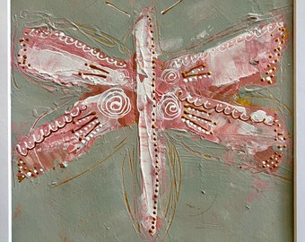 Dragonfly painting, fine art, abstract insect,  mixed media on paper, room decor, original art, 8"x8" inside 12"x12" mat