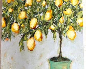 Lemon Art, small, fine art, lemons, gift, original art, painting, home decor, artwork, wall decor, kitchen decor, "Lemon Topiary"