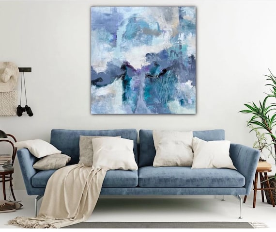 キャンバスに描かれた抽象的な青いミクストメディア絵画 - 36インチ×36