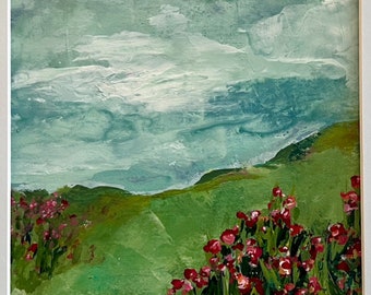 Abstract fine art landscape painting, fine art, mixed media on paper, room decor, 8"x8" inside 12"x12" mat, "Scenic Walk I"