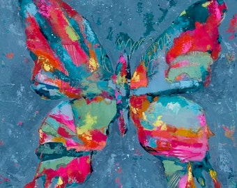 Rainbow Butterfly Print: Mixed Media Wall Art