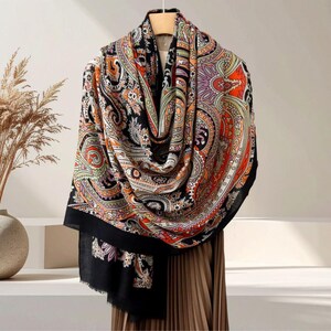 Wollen sjaal cashewbloem, ultrafijne wollen sjaal van oudsher, zwarte retro paisley lange omslagdoek 39 x 79 inch