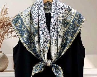 100% Mulberry Silk Scarf 35inch, The Charm of Mandala Luxury 14Momme Paisley Twill Neck Scarf