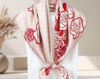 100% Mulberry Silk Scarf 35inch, Camellia Rose 14mm Thickened Luxury Twill Silk Shawl 90cm