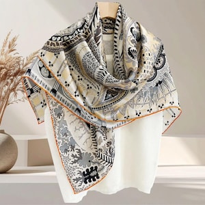Bufanda 100% seda de morera de 43", pañuelo grande para la cabeza con estampado paisley color anacardo, chal de viaje estilo boho para verano