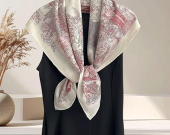 Luxury Silk Wool Square Scarf 90cm, Romantic Floral Double Sided Neck Shawl 35", Elegant Evening Scarf