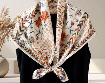 Springtime Floral Silk Scarf 35", 100% Mulberry Silk Crepe Satin Botanical Square Shawl 90cm